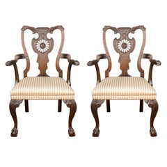 Pair of 1900s English Carved Walnut Armchairs