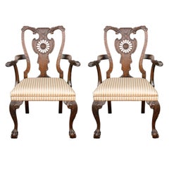 Pair of 1900s English Carved Walnut Armchairs