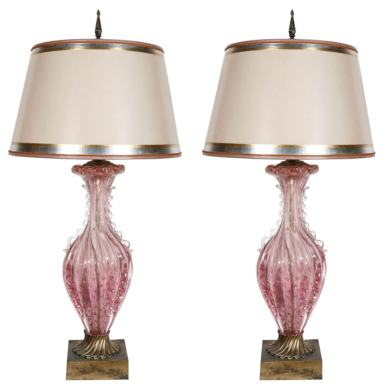 Pair of Midcentury Pink Murano Lamps with Gold Flecks