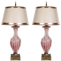 Pair of Midcentury Pink Murano Lamps with Gold Flecks