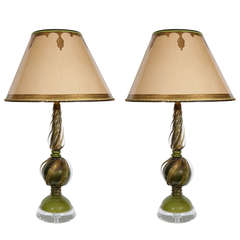 Pair of Mid Century Green Murano Lamps