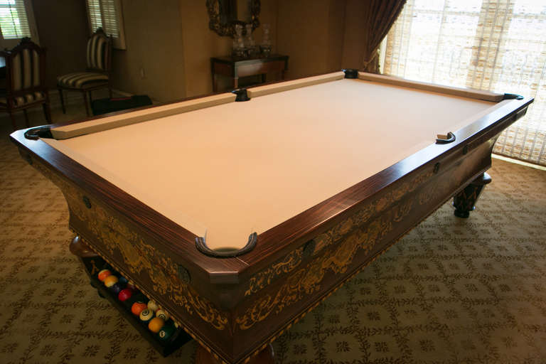 This magnificent early mid-19th century Chevillotte Charles X Billiard
Table was fully restored and converted for American pool by master
craftsmen at Chevillotte's antique restoration facility in Bordeaux,
France.  This exceptional table