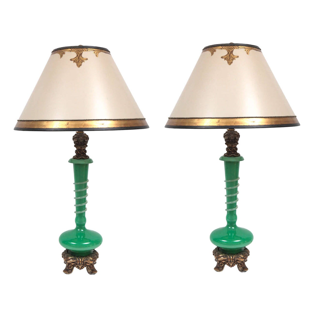 Pair of 1940s Green Apple Steuben Lamps For Sale