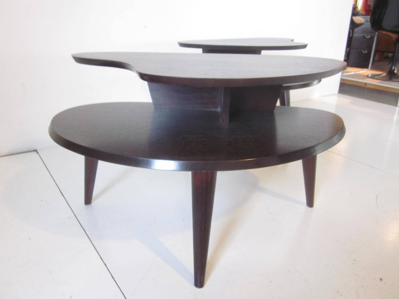 A pair of Mid Century biomorphic shaped side tables in a dark ebony finish.