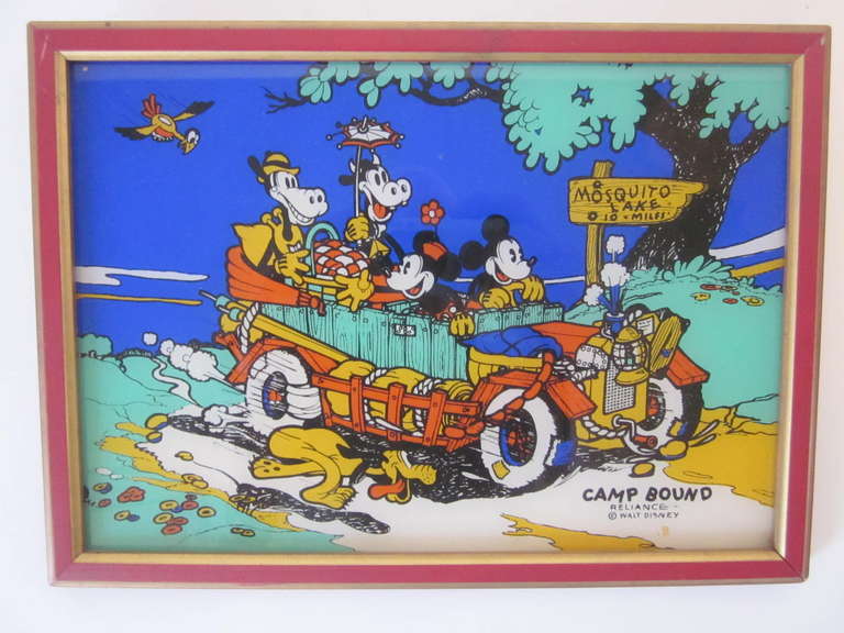 A very early original vintage Mickey Mouse and company reverse printed painted glass picture titled " Camp Bound " with the first markings for Disney. Marked Reliance, copyright symbol and Walt Disney. Great bright colors and fun for the