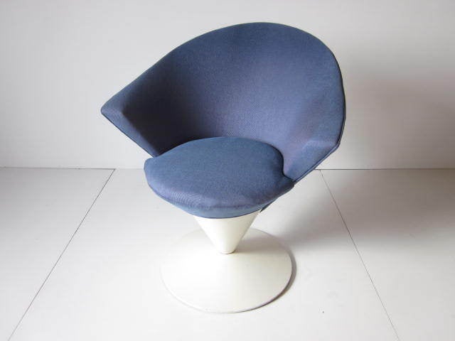 A Pearsall swiveling Cone chair in original blue contract fabric with white painted metal base,model# 2353-c Mfg.Craft Associates.