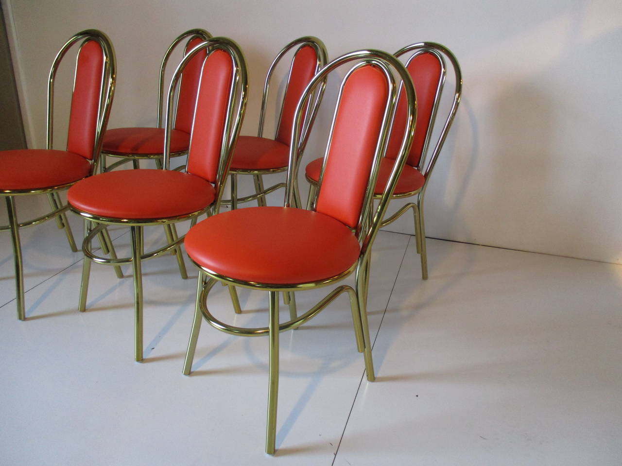 Brass and Upholstered Thonet Styled Dining Chairs