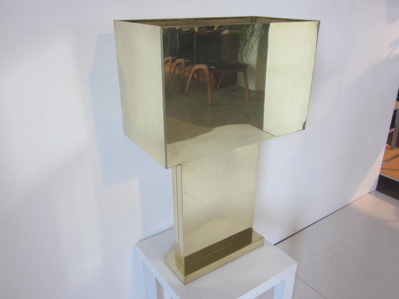 A monumental brass box shaded table lamp with matching brass base, the best Classic design statement in lamps by Jere.