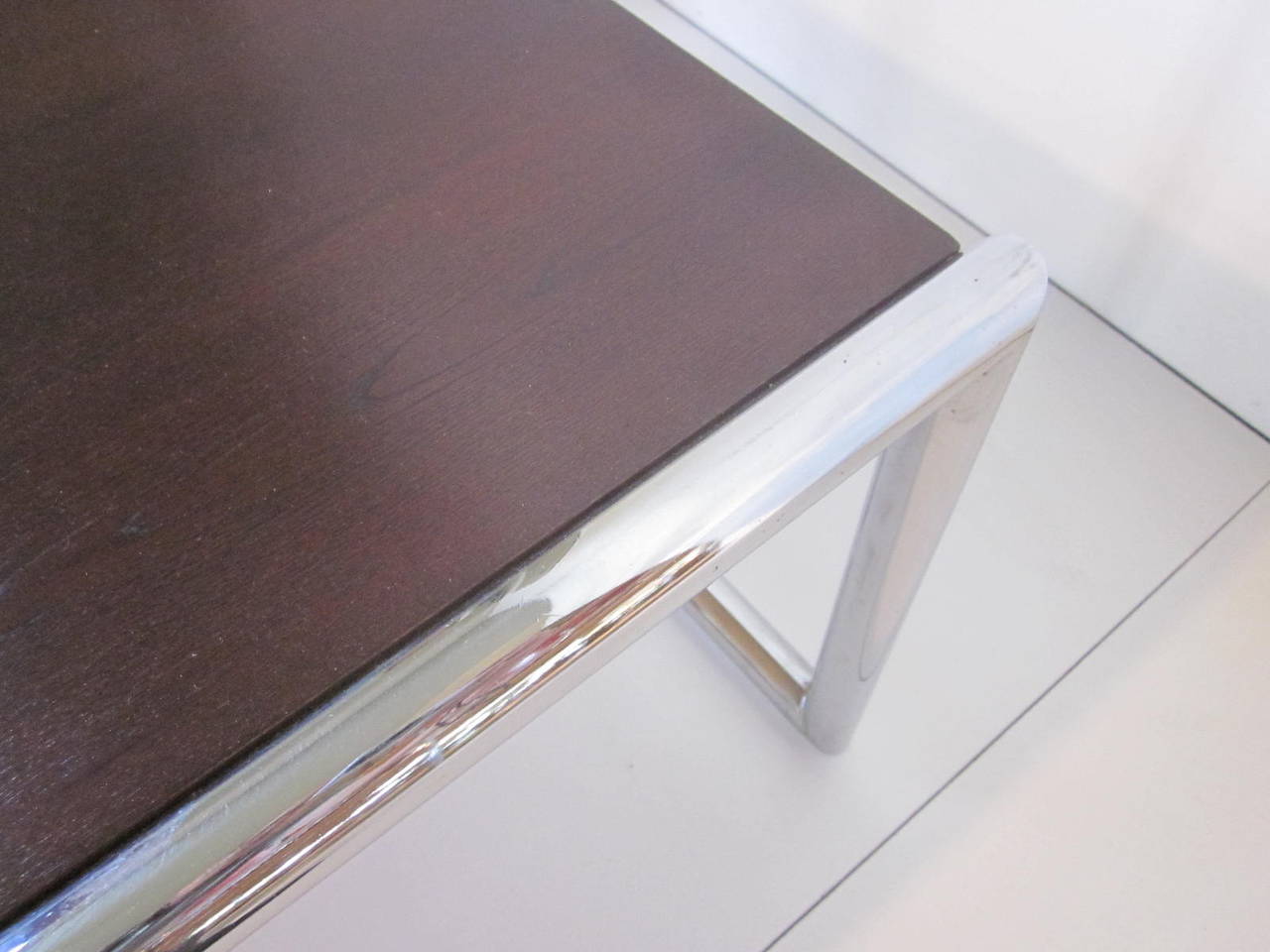 American 70'S Milo Baughman Styled Chrome Wood Topped Coffee Table