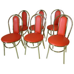Brass and Upholstered Thonet Styled Dining Chairs