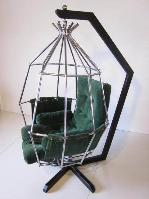 A hanging tubular chrome IB Arberg Parrot chair with original velvet cushions and satin black steel hanger base.Mfg.by Rocksjoverken,made in Sweden.