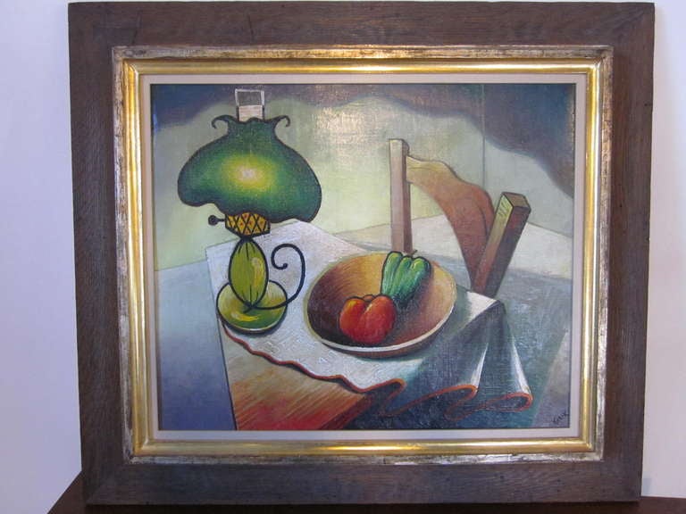 An WPA styled oil painting of a house scene with a table ,chair and fruit under an oil lamp.Attributed to the Croatian artist Vlastimir Kusik who trained at the Academy of Art in Zagreb. And at that time had ties and relations with the Avant Garde