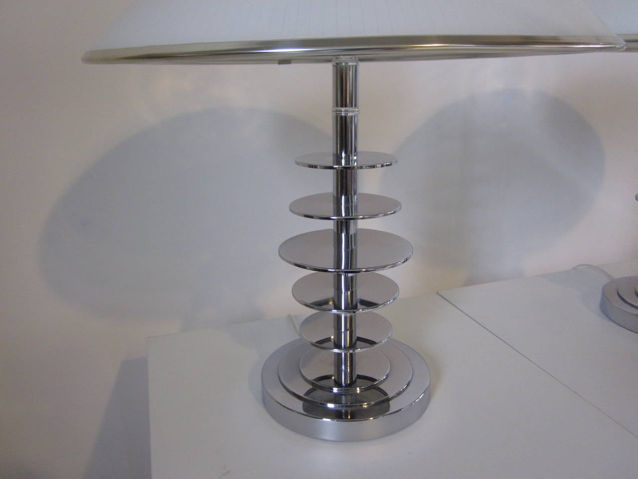 Modern Ingo Maurer Styled 1970s Chrome and Glass Ringed Table Lamps 