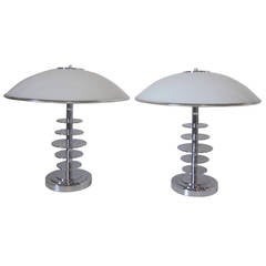 Ingo Maurer Styled 1970s Chrome and Glass Ringed Table Lamps 
