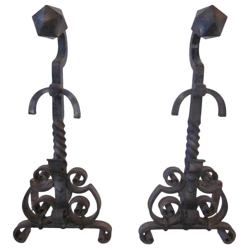 Monumental Handcrafted Andirons & Tools