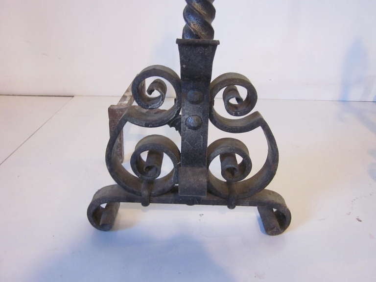 20th Century Monumental Handcrafted Andirons & Tools