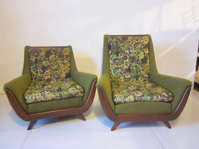 A matching pair of Adrian Pearsall Mama and Papa lounge chairs in their original fabric with dark walnut detail trim and legs.
