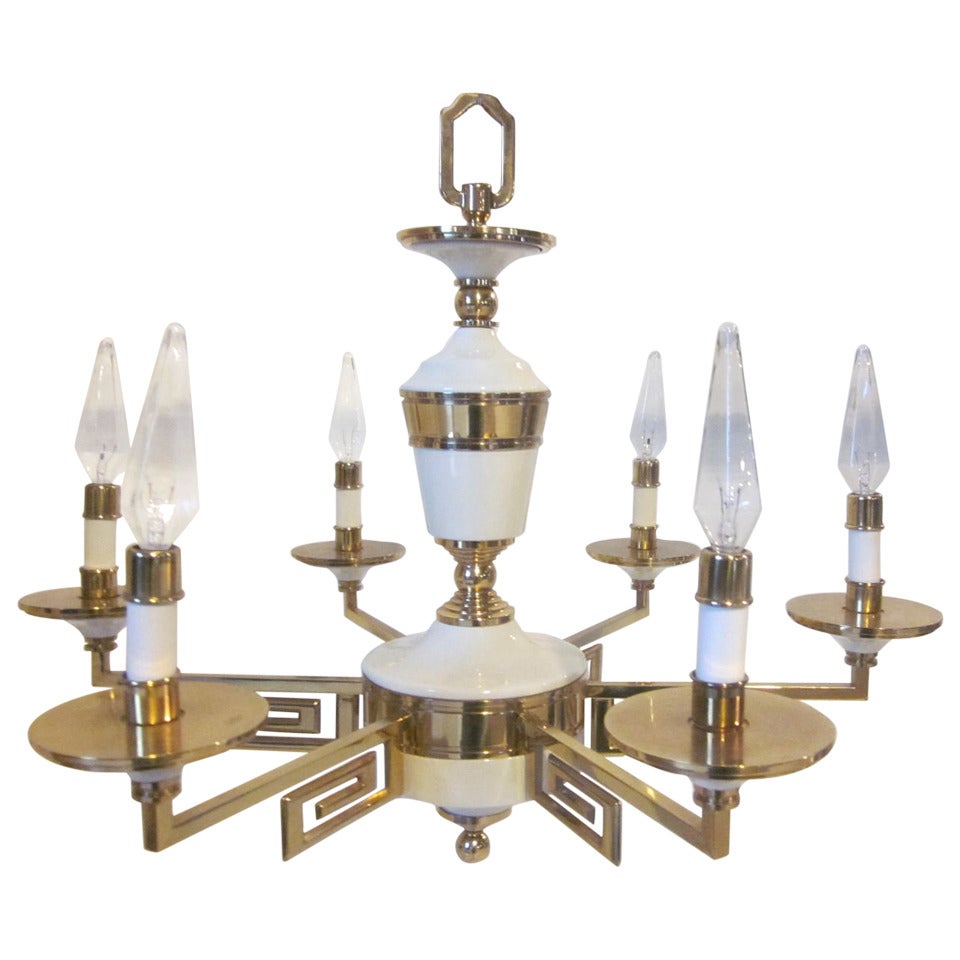 Regency Styled Greek Key Brass/ Porcelain Chandelier