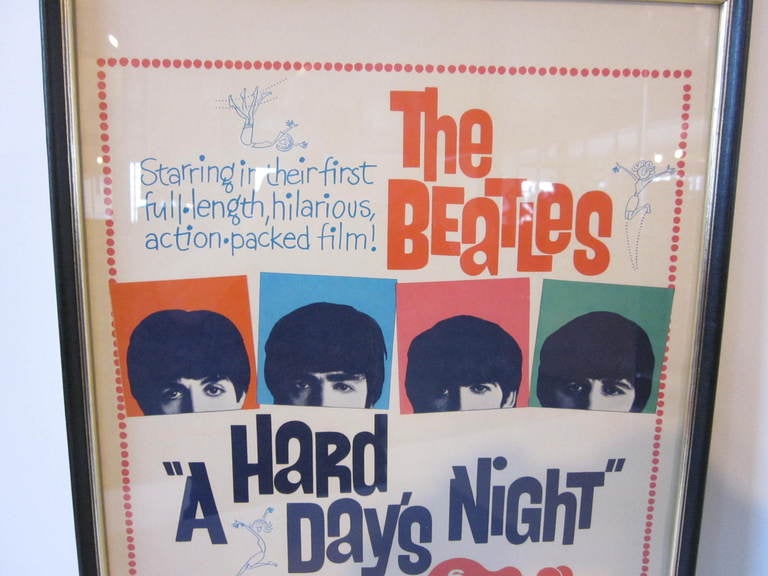 A vintage and original from the period Beatles movie poster from  A Hard Days Night in what is called a window card or 1/4 sheet size which was a smaller poster used in the movie theaters window or to pre- advertise the next film. Produced in 1964