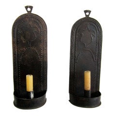Exceptional Pair Of Tulip Decorated 18th C Candle Sconces