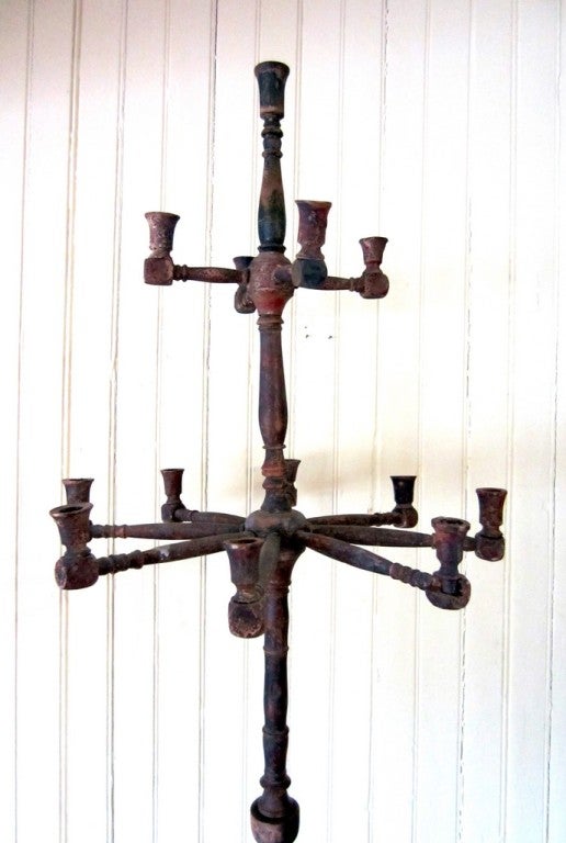 Very Rare Paint Decorated Wooden Candelabrum
