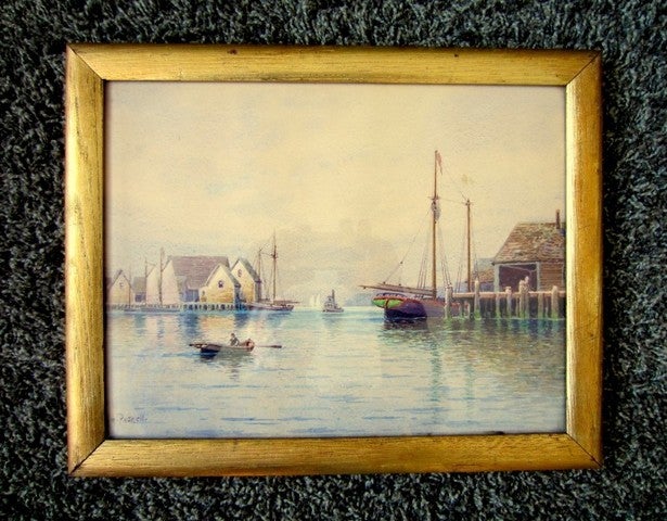 Tranquil morning harbor view, likely coastal Mass, by well listed MASS and NH artist William Frederick Paskell. Watercolor on heavy paper stock, in what appears to be it’s original gilded oak frame. Vibrant colored scene, showing several sailing