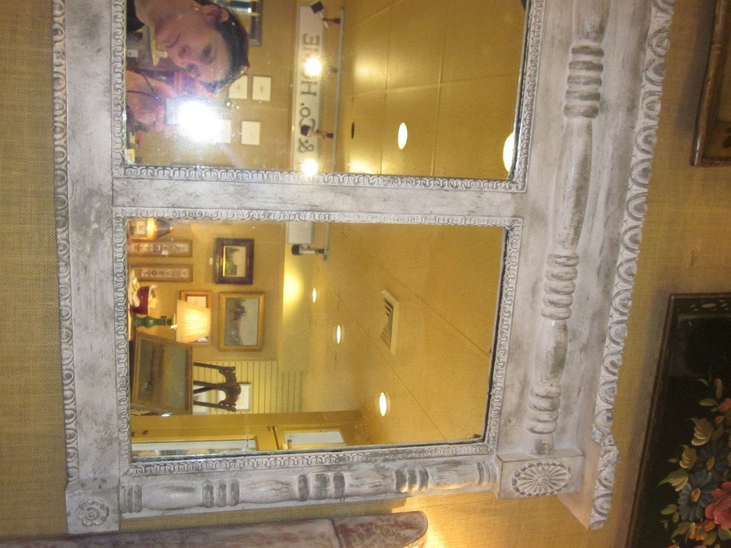 Late 1800s three panel mantle mirror. Originally mahogany and gilt but has been updated with a gray /white faux finish.  Original glass.
