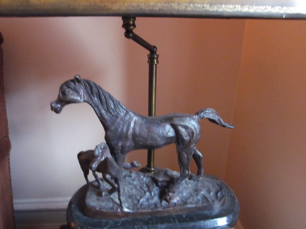 American Pair of  Bronze Horse Lamps with Tooled Leather Shades