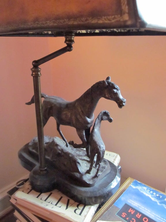 Pair of  Bronze Horse Lamps with Tooled Leather Shades In Excellent Condition In Katonah, NY