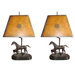 Pair of  Bronze Horse Lamps with Tooled Leather Shades