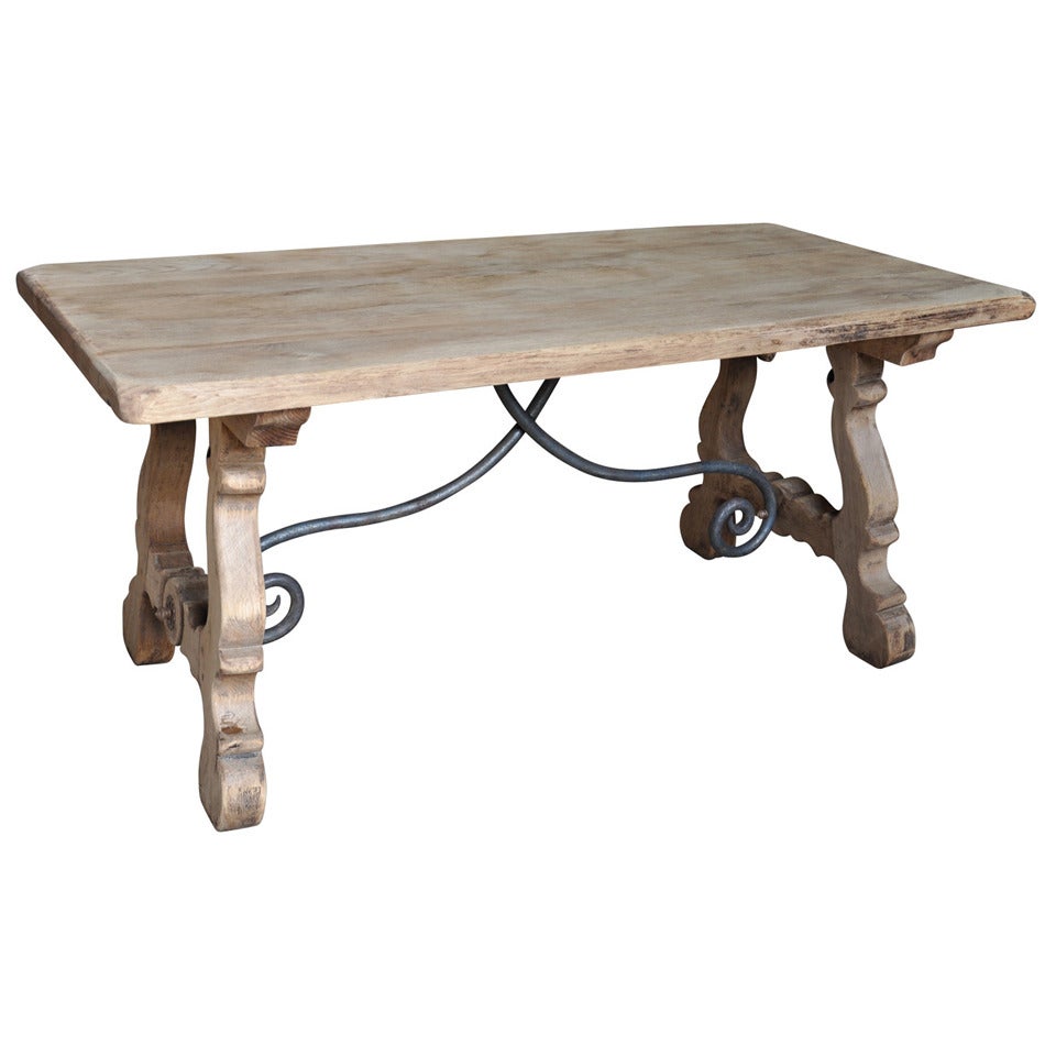 Early 20th Century Spanish Farm Table in Bleached Oak and Iron