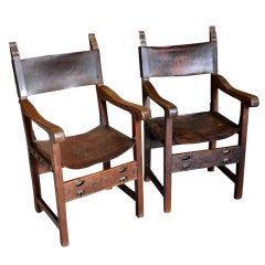 Pair of Antique Spanish Renaissance Style Leather Armchairs in Oak