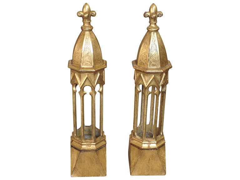 Pair of antique candelabra / altar candle niches in gilt wood. These have a great scale, beautiful carved detail, and a lovely patina.