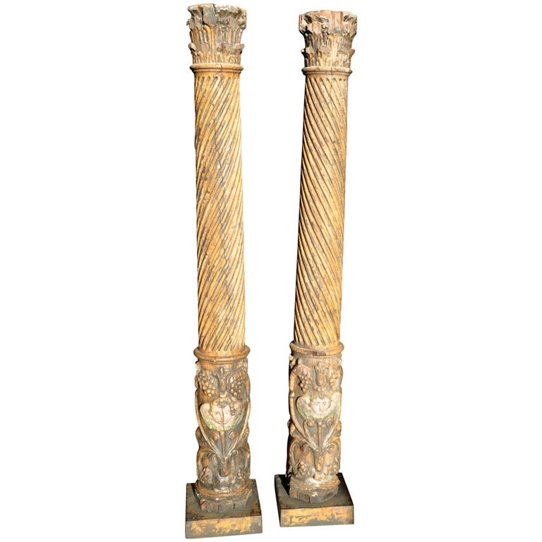 Pair of 17th Century Spanish Wooden Columns For Sale at 1stdibs