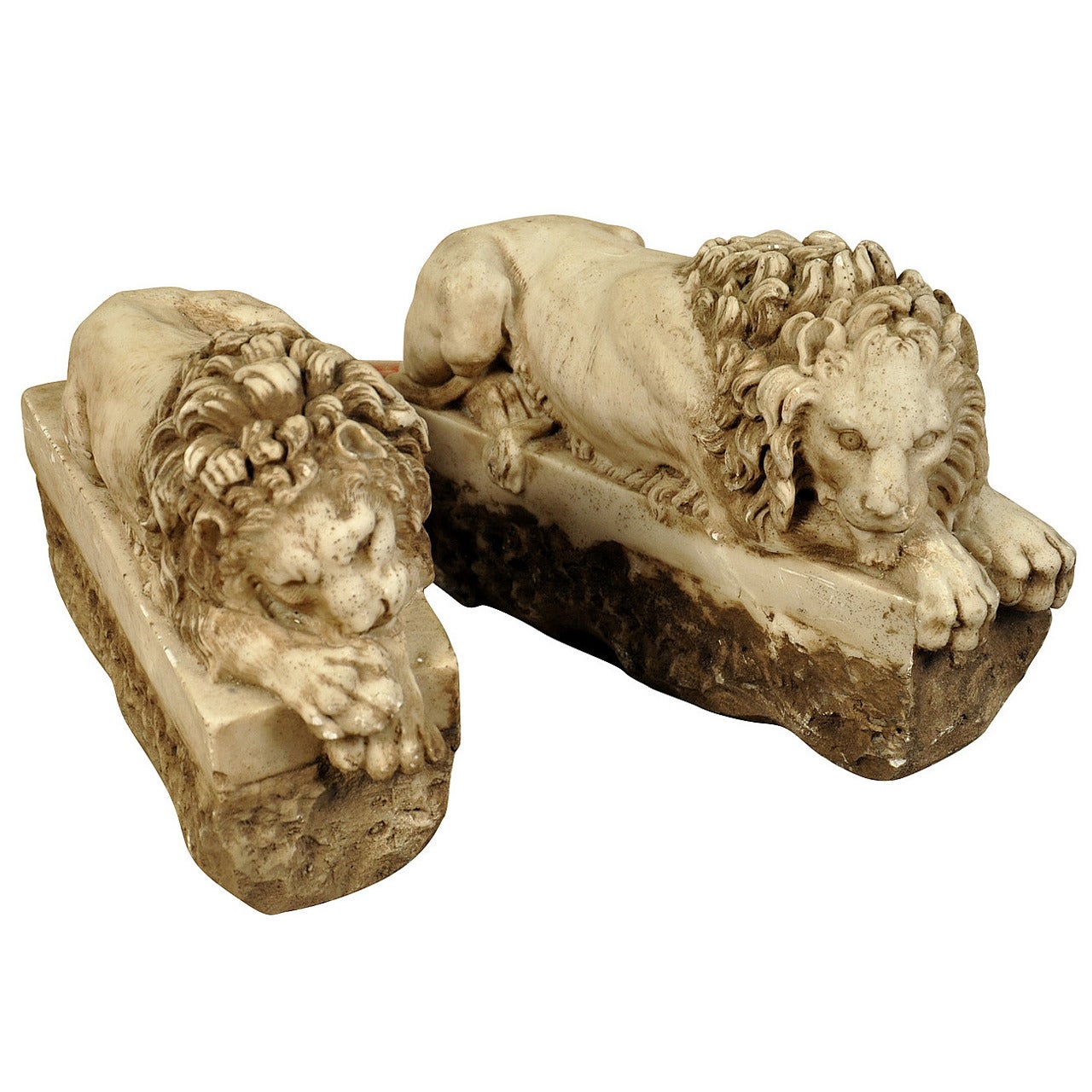 A Pair Of Hand Carved Marble Recumbant Lions From Italy On Rectangular Plinths
