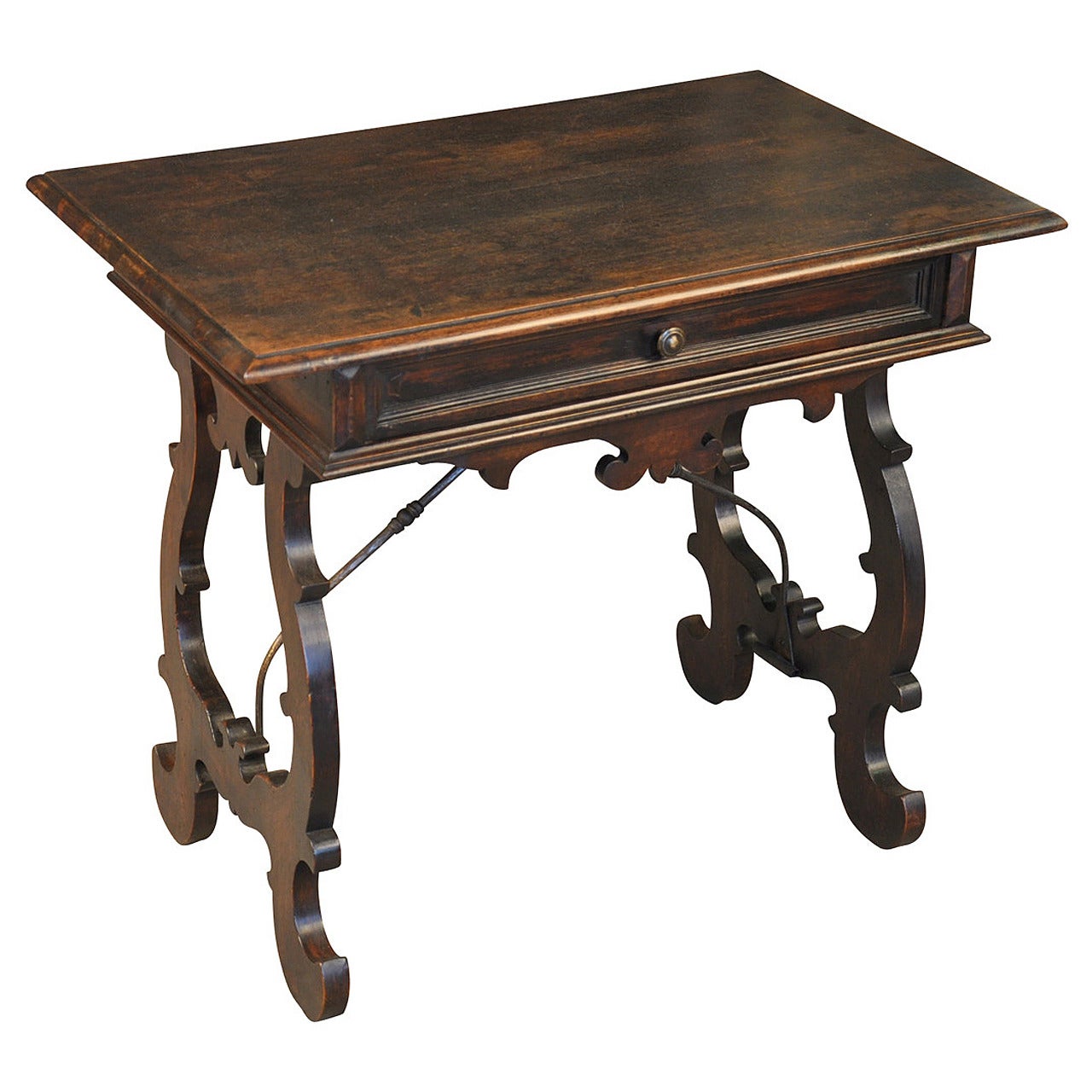 Late 19th Century Italian Side Table In Walnut With Iron Stretchers.
