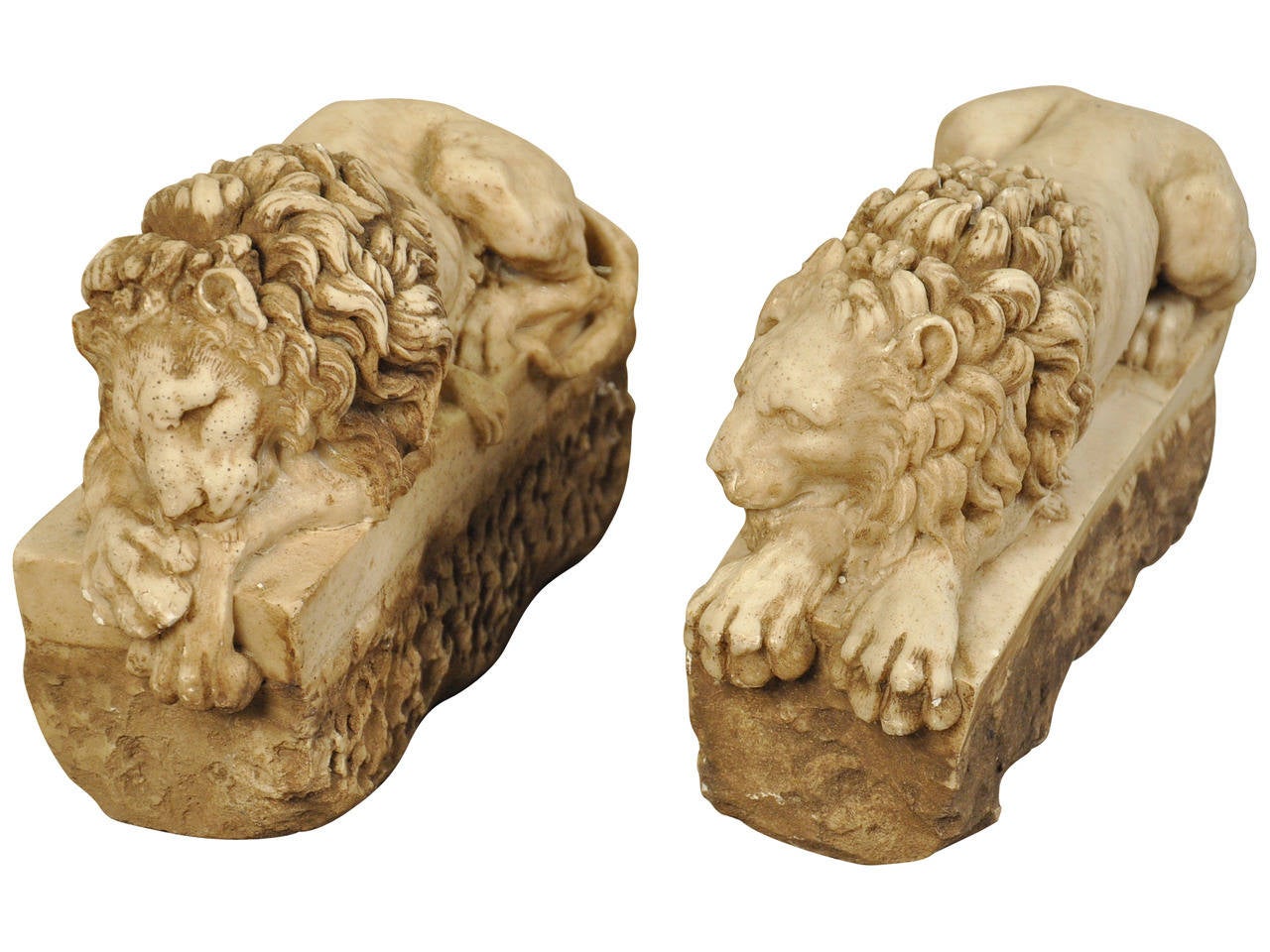 19th Century A Pair Of Hand Carved Marble Recumbant Lions From Italy On Rectangular Plinths