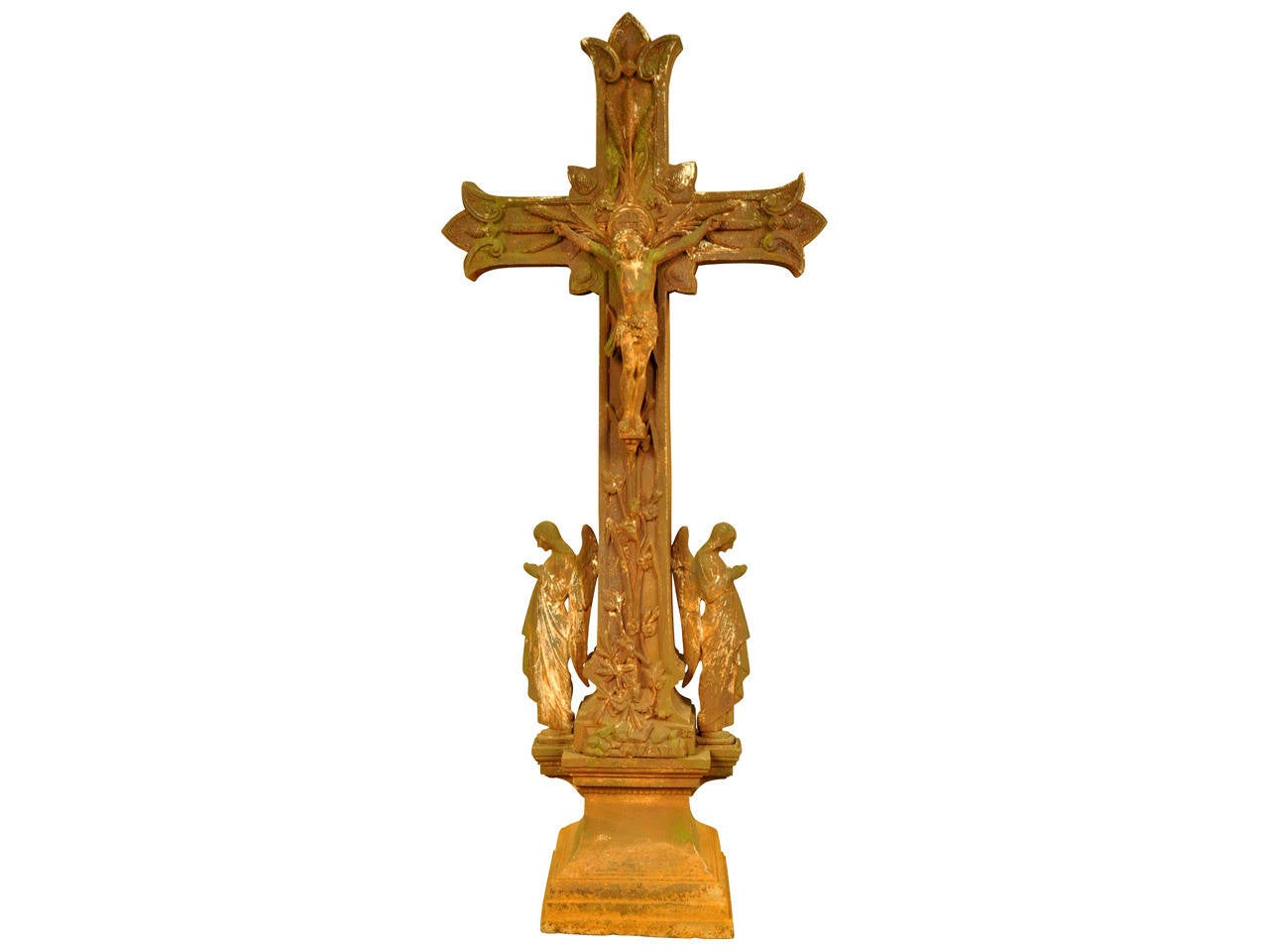 A very lovely 19th century Crucifix in cast iron - France, circa 1880.  Adorned with the corpus, cattails, pine cones, and two guarding angels.  A wonderful piece to grace any garden or interior.