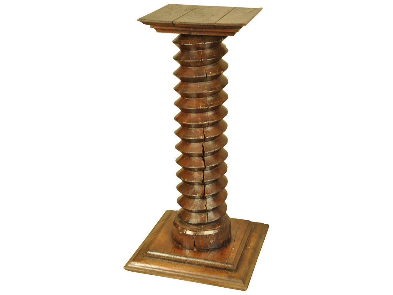 A wonderful pedestal constructed from a 19th century antique wine press screw, circa 1850.  The pedestal is made from chestnut and the patina is indeed very rich and luminous.  Perfect for the display of a sculpture or art piece.
