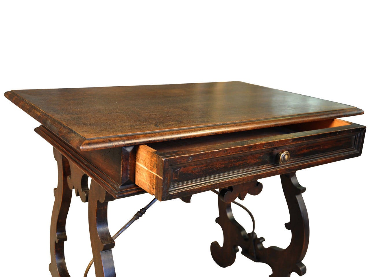 Late 19th Century Italian Side Table In Walnut With Iron Stretchers. 1