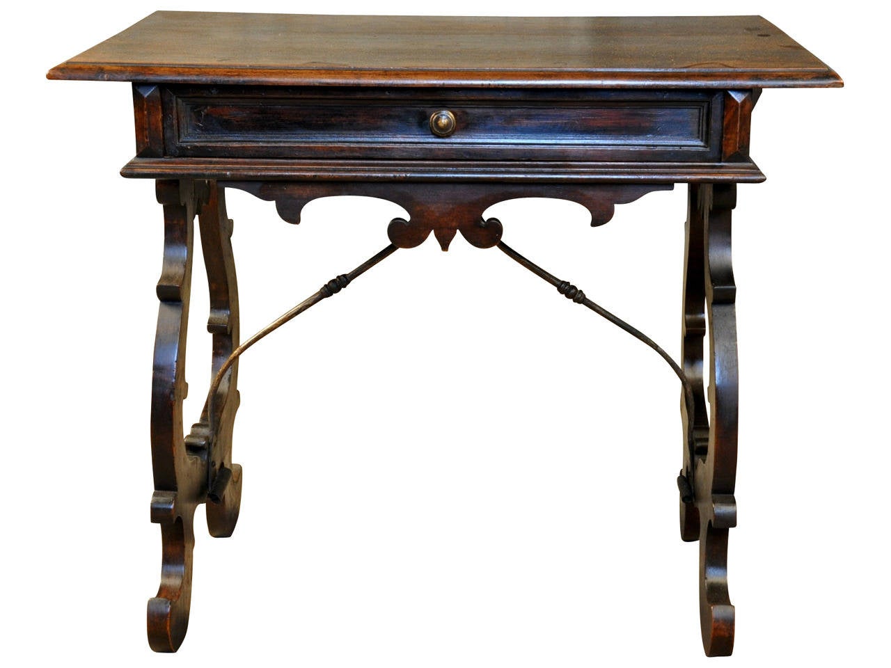 A very charming late 19th century Italian side table in walnut with iron stretchers and one drawer.   A perfect side table for any chair or sofa - also wonderful as a bedside piece.  This lovely table has a warm and luminous patina.