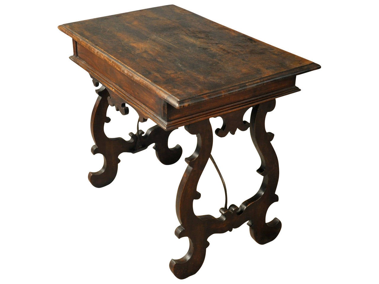 Late 19th Century Italian Side Table In Walnut With Iron Stretchers. 2