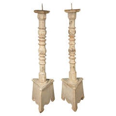 Pair of 18th Century Tall Altar Candlesticks from Spain in Painted Wood