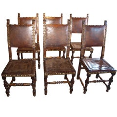 Antique Set of Six French Louis XIII Style Leather Chairs in Oak
