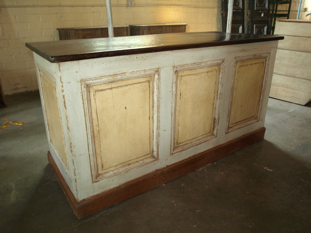 French 19th Century Painted Store Counter. This great piece was from a bakery in the South of France. With five drawers and six shelf compartments this counter would bring extra style and storage used as a kitchen island. This would make a great bar