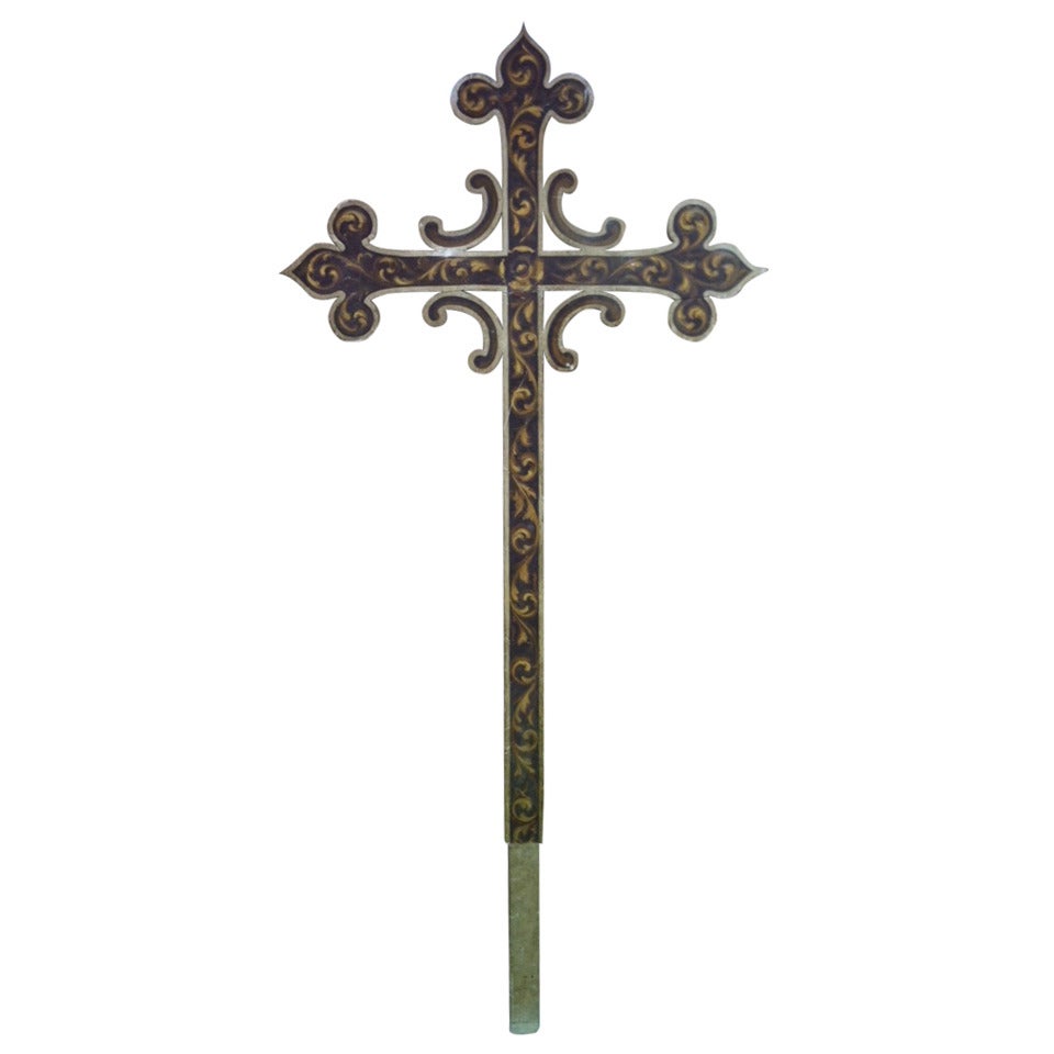 Exceptionally Large Spanish Painted Wooden Cross from the Mid 19th Century