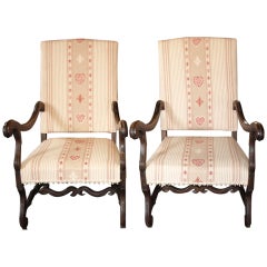 Pair of French Louis XIII Style Antique Armchairs In Beech Wood