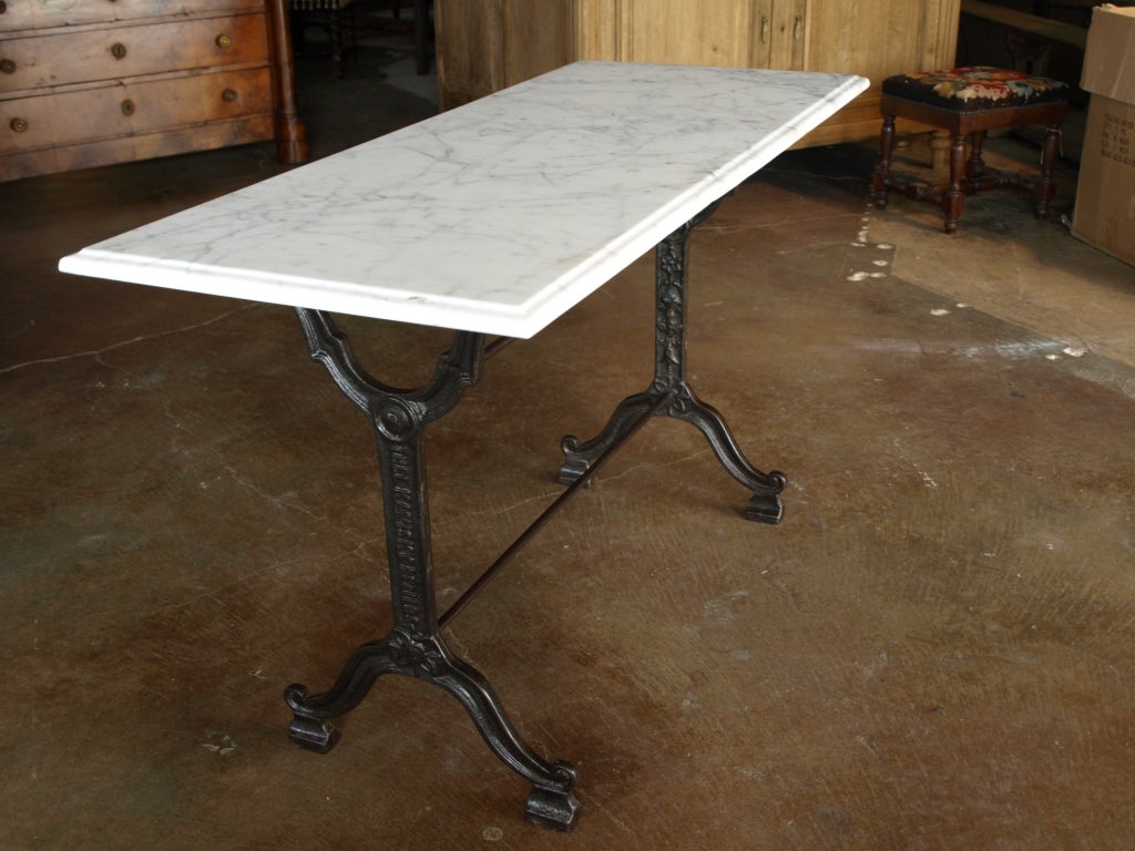 20th Century French Bistro Console Table with Cast Iron Base and Marble Top