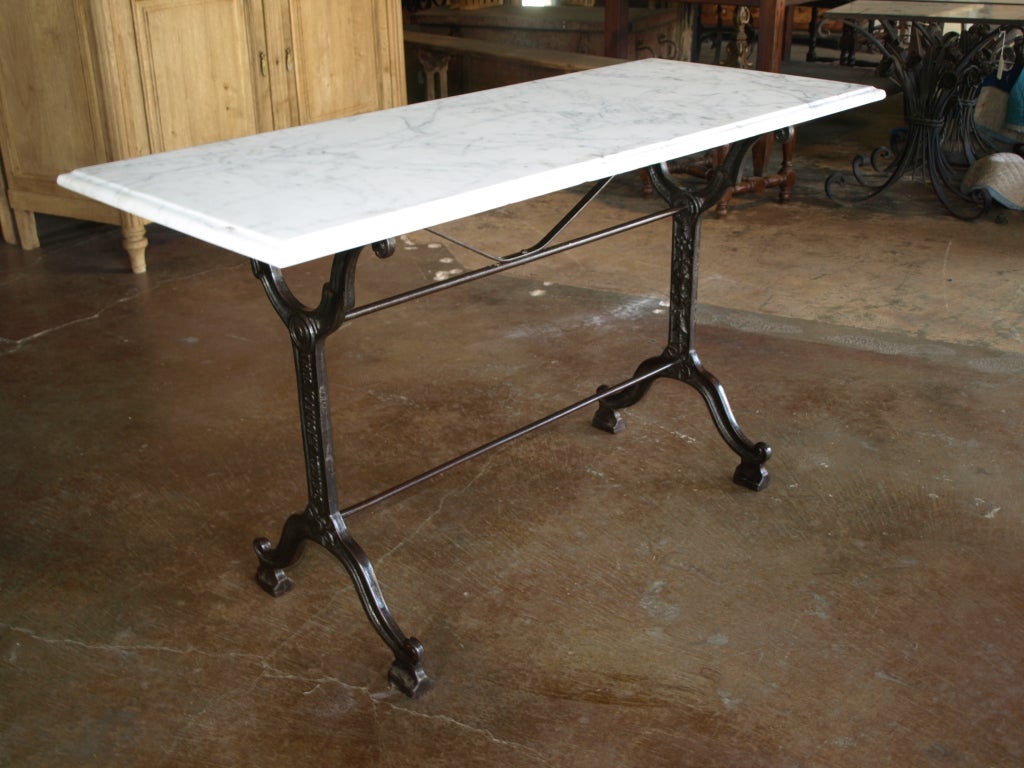 French Bistro Console Table with Cast Iron Base and Marble Top 4