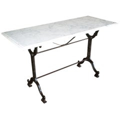 Antique French Bistro Console Table with Cast Iron Base and Marble Top